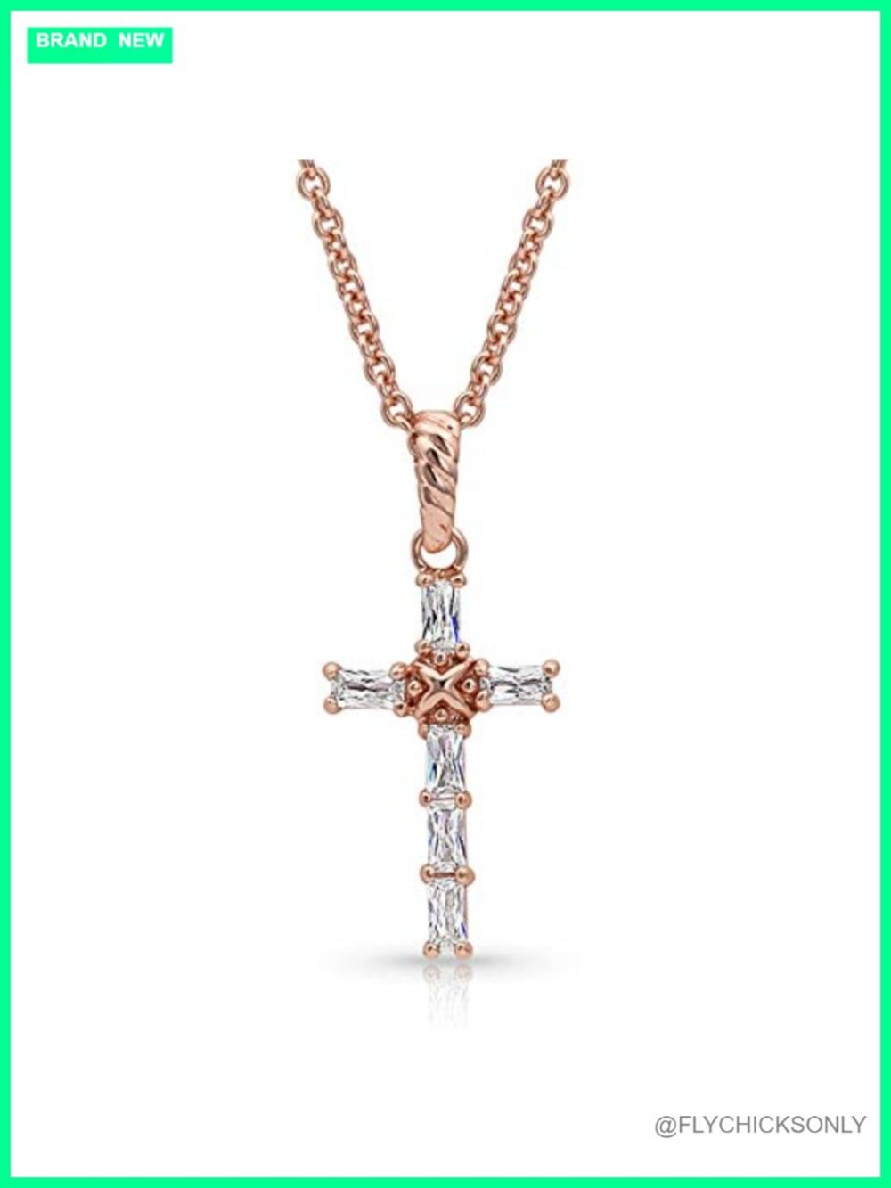 Rose Gold Plated Cross Necklace Cubic Zirconia Baguette Pendant Western